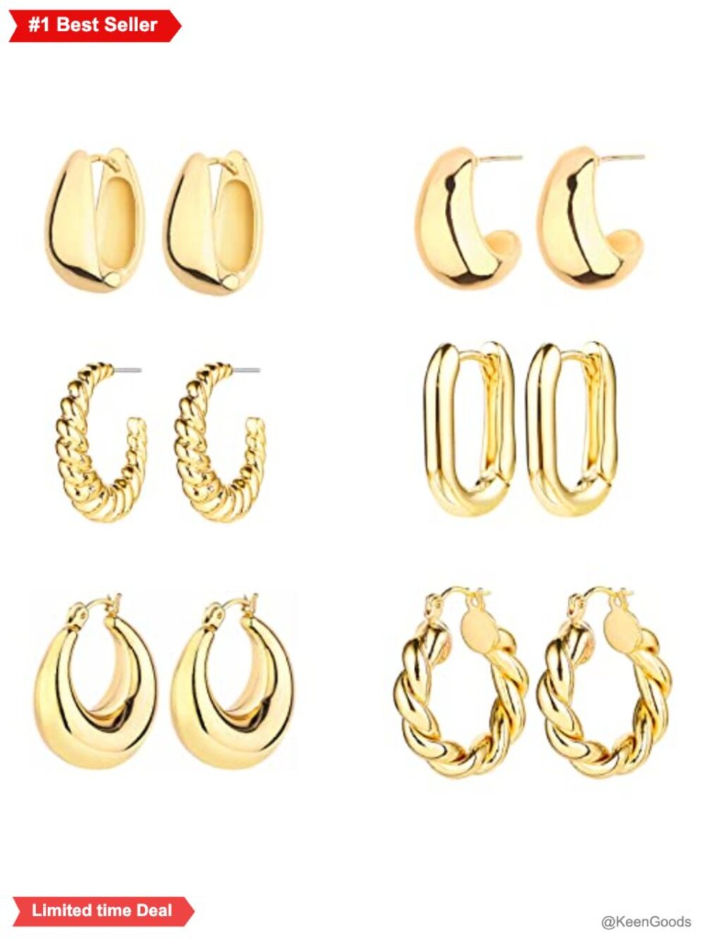 14K Gold Plated Hoop Earrings Set 6 Pairs Hypoallergenic Lightweight Chunky